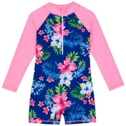 Fesfesfes Children's Girls Rash Guard Swimwear Long Sleeve Tropical Floral Print Surfing Beach Wear Toddler Zipper Girls Bikini Swimsuit(Pink,4 Years)